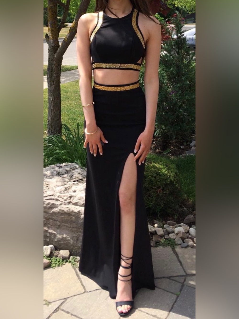 La Femme Black 2 Piece Dress with Gold Accent Trim